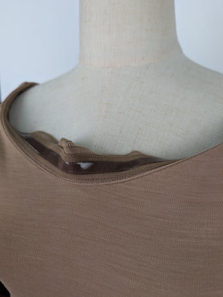 Camel Off Shoulder K Stretch Wool Jersey Midi Dress