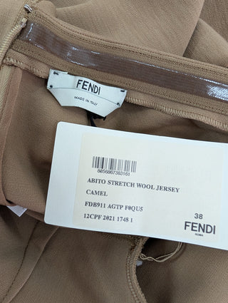 Camel Off Shoulder K Stretch Wool Jersey Midi Dress