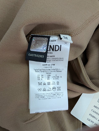 Camel Off Shoulder K Stretch Wool Jersey Midi Dress