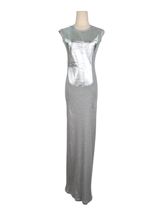 Grey With Silver Leather Panel Cotton Long Dress