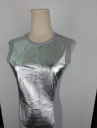 Grey With Silver Leather Panel Cotton Long Dress