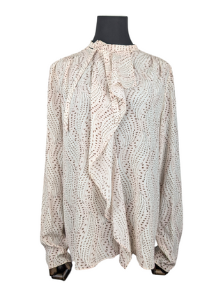 Beige Printed Long Sleeve Silk Top