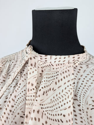 Beige Printed Long Sleeve Silk Top