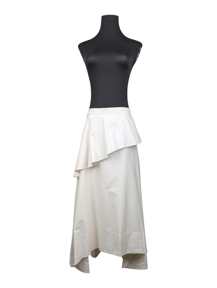 White Midi Skirt With Ruffles Wrap And Uneven End