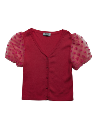 Pink Cropped Cardigan With Mesh Puffed Short Sleeves