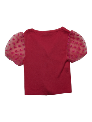 Pink Cropped Cardigan With Mesh Puffed Short Sleeves