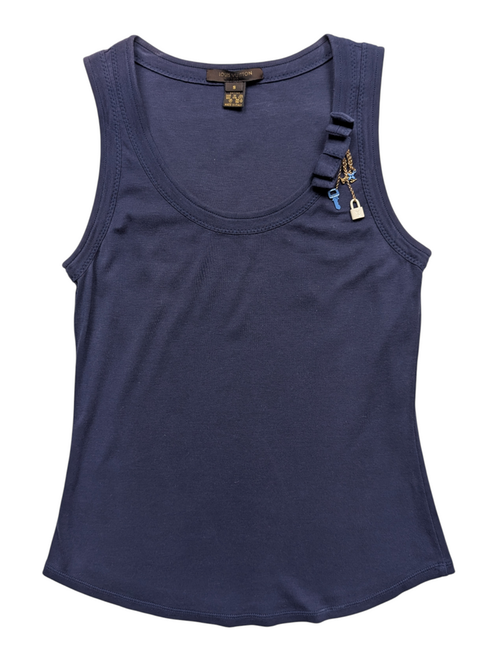Navy Blue Tank Top With Lv Padlock Chains And Charm