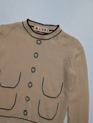 Beige Cashmere Pullover With Fake Button Print