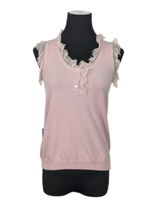 Pink Buttoned Sleeveless Top With Ruffle Collar