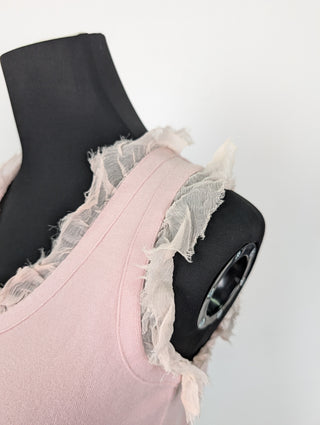 Pink Buttoned Sleeveless Top With Ruffle Collar