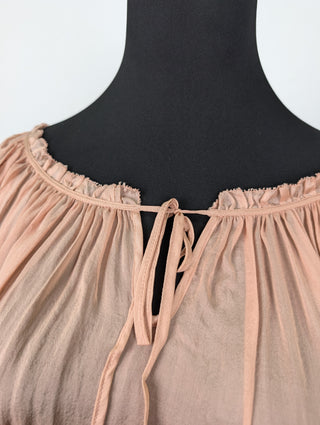 Salmon Pink Sheer Top with Drawstring Collar and Mid Sleeves