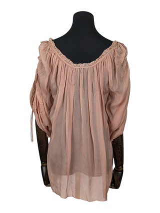 Salmon Pink Sheer Top with Drawstring Collar and Mid Sleeves