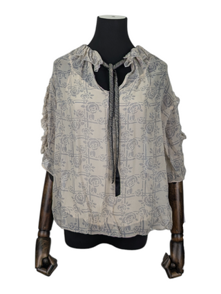 Beige Sheer Top with Navy Floral Overall Print