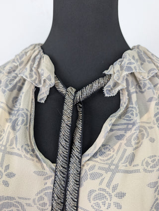 Beige Sheer Top with Navy Floral Overall Print
