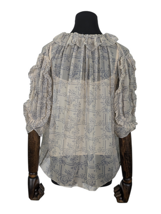 Beige Sheer Top with Navy Floral Overall Print