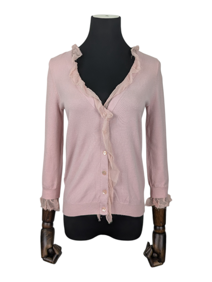 Pink Mid-sleeves Cardigan with Ruffles Trimming