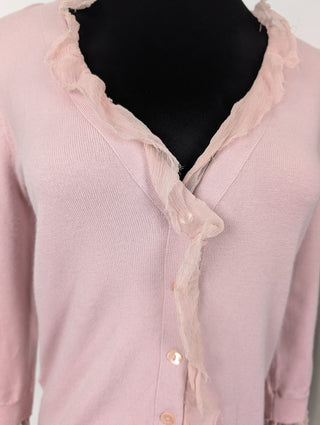 Pink Mid-sleeves Cardigan with Ruffles Trimming