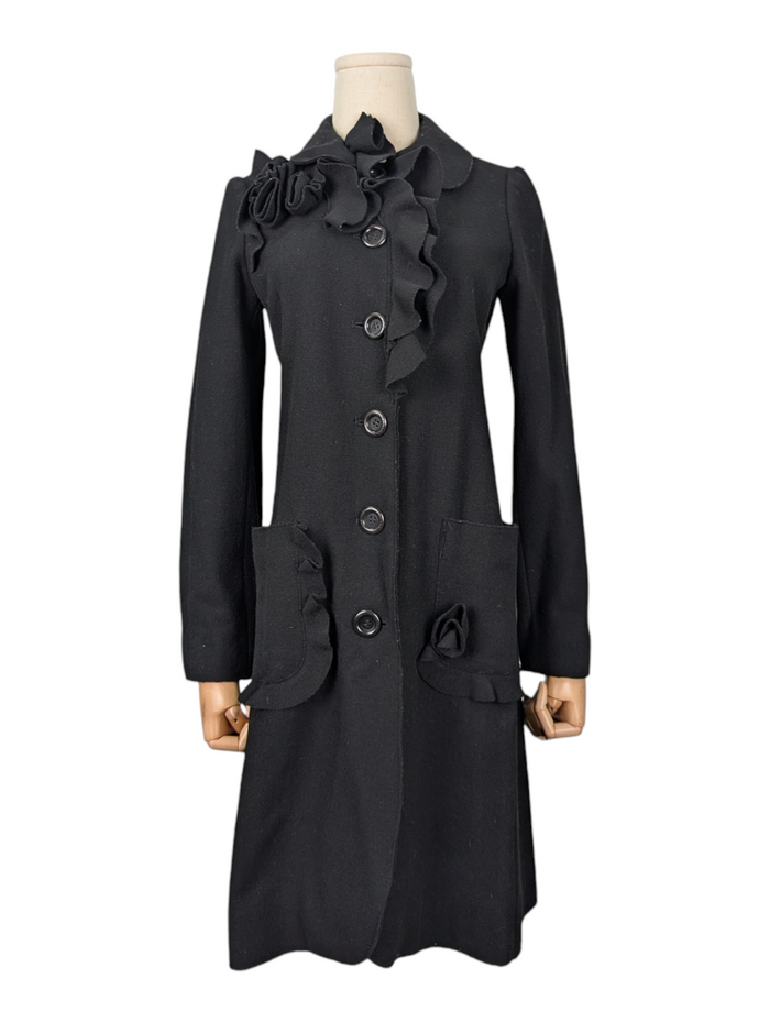 Black Wool Coat with Ruffle Collar