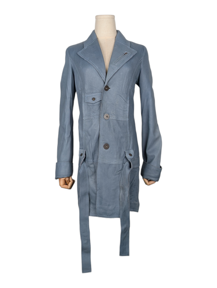 Blue Leather Coat With Owl Print Stitching At The Back