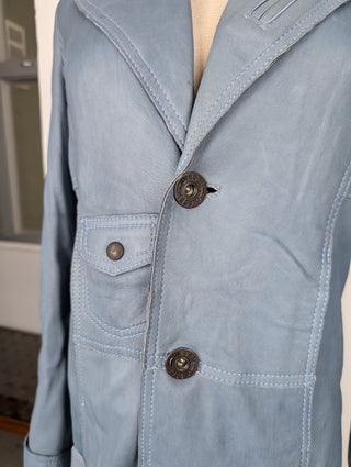 Blue Leather Coat With Owl Print Stitching At The Back