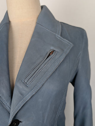 Blue Leather Coat With Owl Print Stitching At The Back