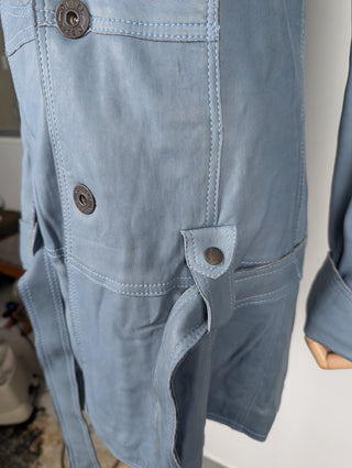 Blue Leather Coat With Owl Print Stitching At The Back