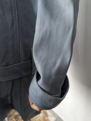 Blue Leather Coat With Owl Print Stitching At The Back