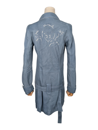 Blue Leather Coat With Owl Print Stitching At The Back