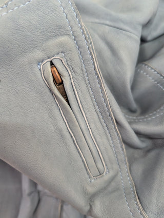 Blue Leather Coat With Owl Print Stitching At The Back