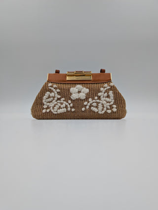 Light Brown Leather And Rattan Handbag