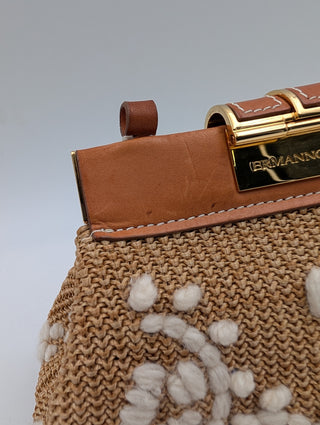 Light Brown Leather And Rattan Handbag