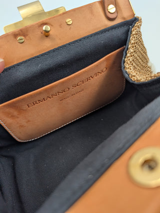 Light Brown Leather And Rattan Handbag