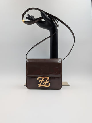 Brown Kaligraphy Patent Leather Shoulder Bag