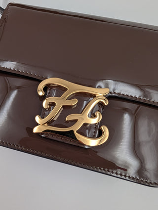 Brown Kaligraphy Patent Leather Shoulder Bag