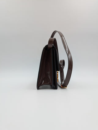 Brown Kaligraphy Patent Leather Shoulder Bag