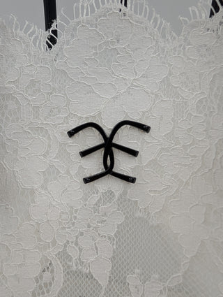 White Lace Tote Bag With Black Leather Handles