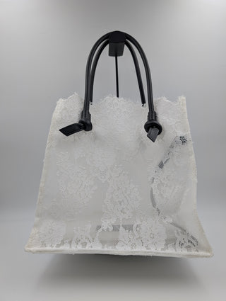 White Lace Tote Bag With Black Leather Handles