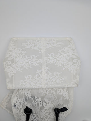 White Lace Tote Bag With Black Leather Handles