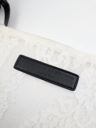 White Lace Tote Bag With Black Leather Handles