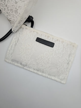 White Lace Tote Bag With Black Leather Handles