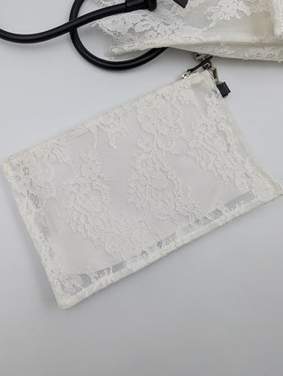 White Lace Tote Bag With Black Leather Handles