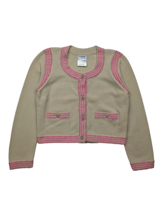 Dusty Yellow Cashmere Cropped Cardigan with Pink And Cream Stripes