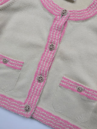 Dusty Yellow Cashmere Cropped Cardigan with Pink And Cream Stripes