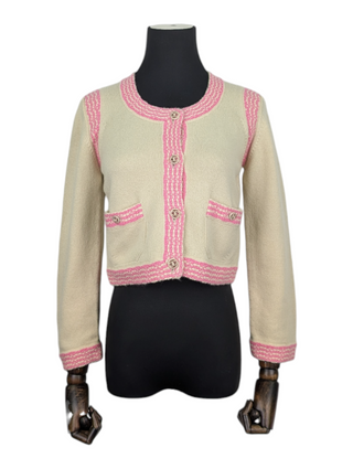 Dusty Yellow Cashmere Cropped Cardigan with Pink And Cream Stripes