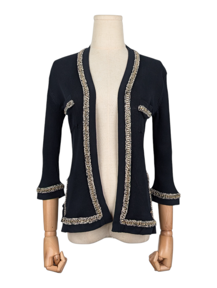 Black Cotton Open Cardigan With Gold Chain And White Trim