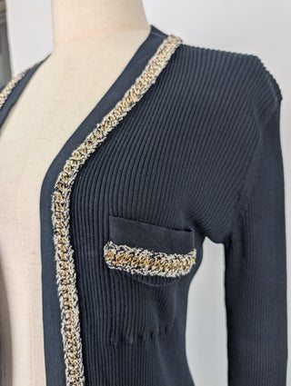 Black Cotton Open Cardigan With Gold Chain And White Trim
