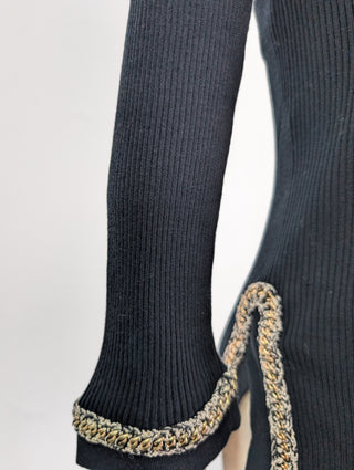 Black Cotton Open Cardigan With Gold Chain And White Trim