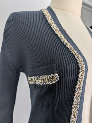 Black Cotton Open Cardigan With Gold Chain And White Trim