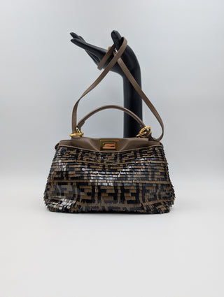 Brown And Black Peekaboo Leather Handbag With Tabs