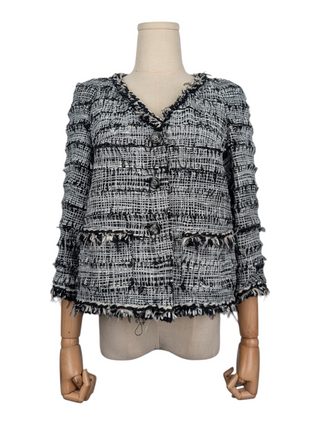 Black And White Tweed Jacket With "CC" Logo Buttons And Silver Chain Inside